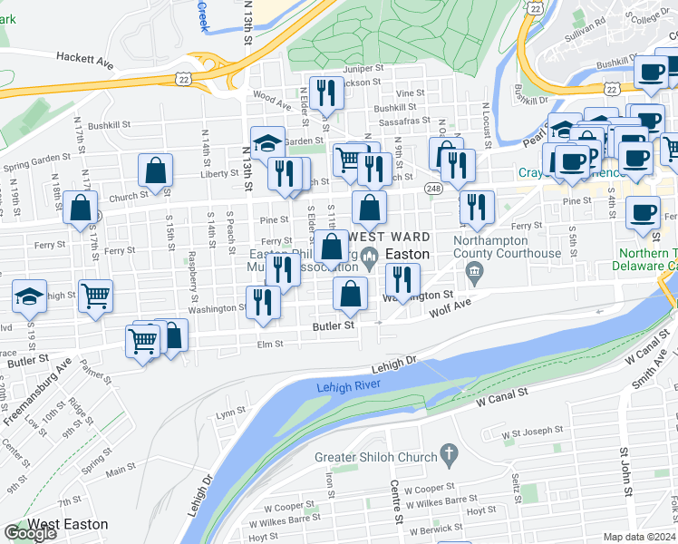 map of restaurants, bars, coffee shops, grocery stores, and more near 1053 Lehigh Street in Easton