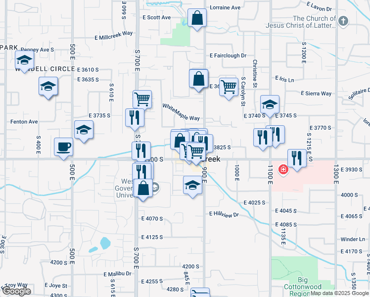 map of restaurants, bars, coffee shops, grocery stores, and more near 881-893 East 3900 South in Millcreek