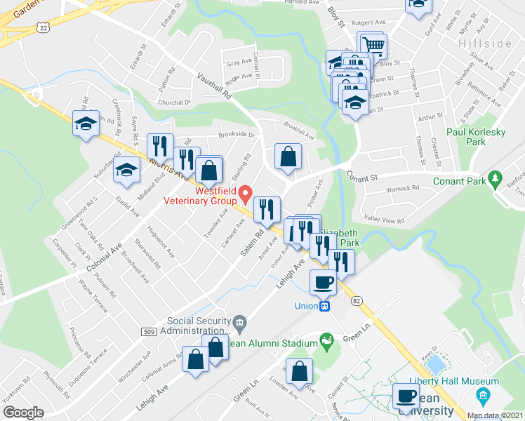 map of restaurants, bars, coffee shops, grocery stores, and more near 1313 Morris Ave in Union