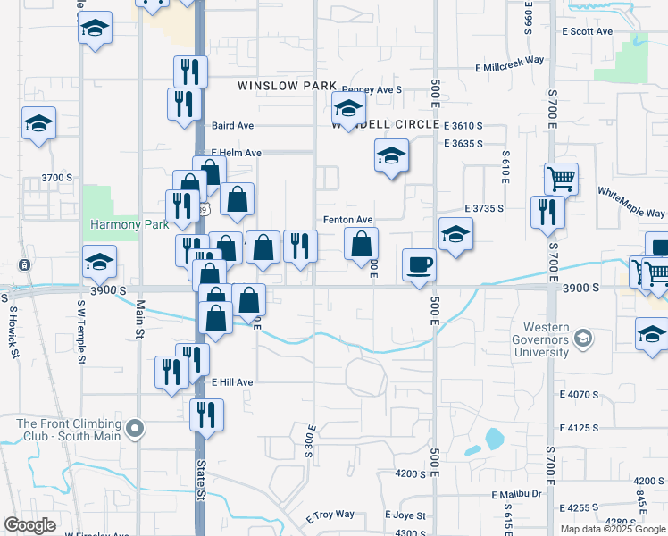 map of restaurants, bars, coffee shops, grocery stores, and more near 3827 South 300 East in South Salt Lake