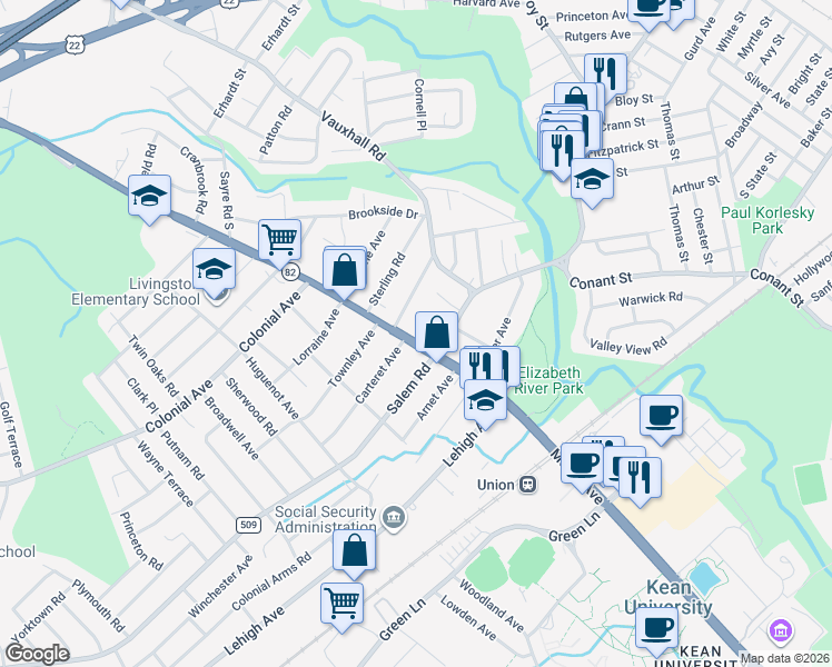 map of restaurants, bars, coffee shops, grocery stores, and more near 1307 Morris Avenue in Union