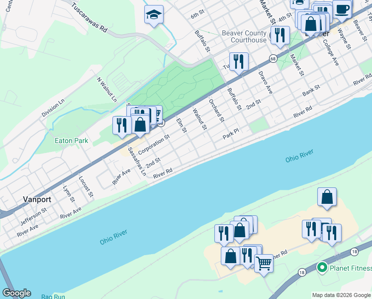 map of restaurants, bars, coffee shops, grocery stores, and more near 1530 River Road in Beaver