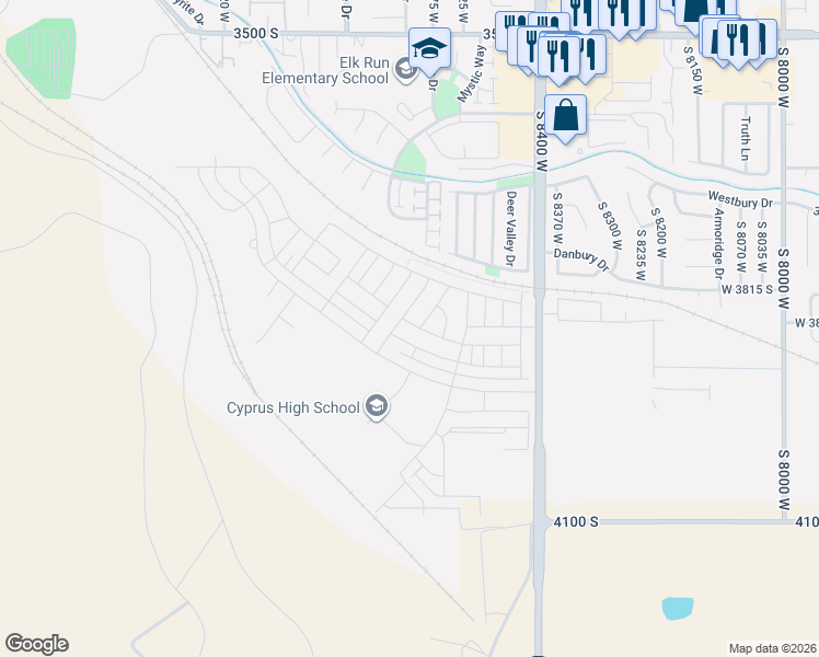 map of restaurants, bars, coffee shops, grocery stores, and more near 8609 West Meadow Bank Way in Magna