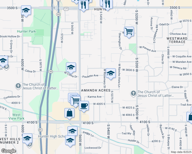 map of restaurants, bars, coffee shops, grocery stores, and more near 5485 Paulette Avenue in West Valley City