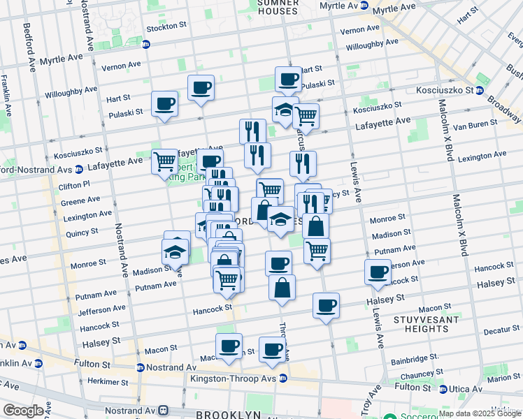 map of restaurants, bars, coffee shops, grocery stores, and more near 474 Quincy Street in Brooklyn