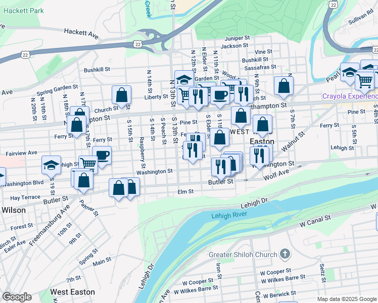 map of restaurants, bars, coffee shops, grocery stores, and more near 142 South Cherry Street in Easton