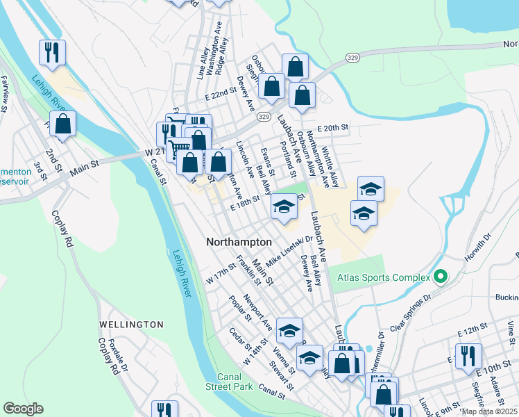 map of restaurants, bars, coffee shops, grocery stores, and more near 1736 Lincoln Avenue in Northampton