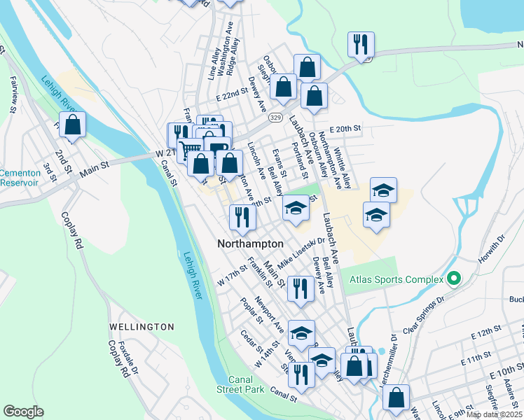 map of restaurants, bars, coffee shops, grocery stores, and more near 1747 Washington Avenue in Northampton