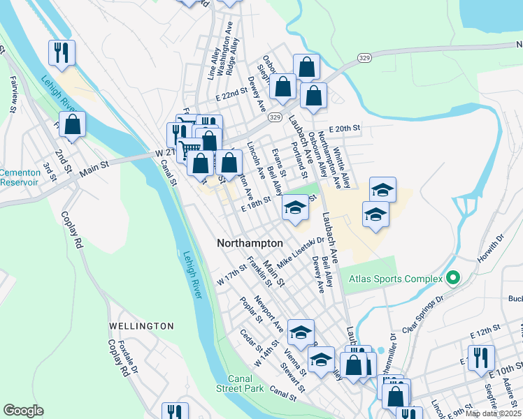 map of restaurants, bars, coffee shops, grocery stores, and more near 1747 Washington Avenue in Northampton