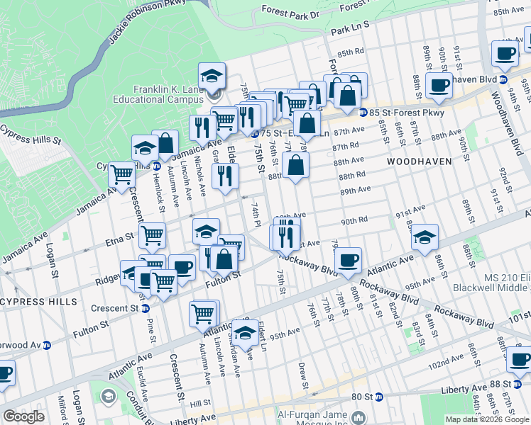 map of restaurants, bars, coffee shops, grocery stores, and more near 88-64 75th Street in Queens