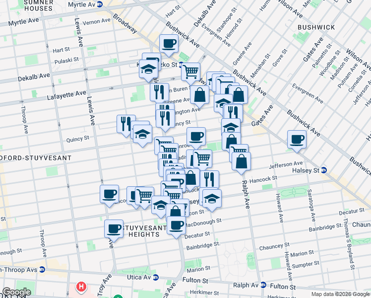 map of restaurants, bars, coffee shops, grocery stores, and more near 697 Madison Street in Brooklyn