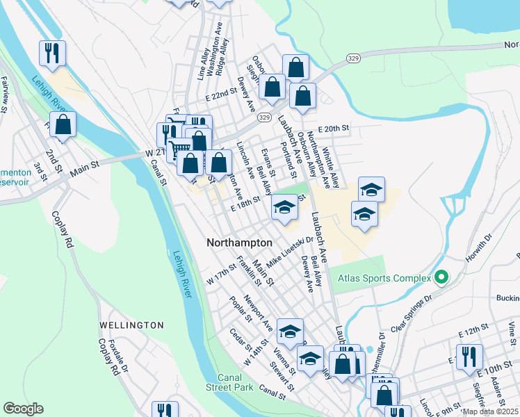 map of restaurants, bars, coffee shops, grocery stores, and more near 1736 Lincoln Avenue in Northampton
