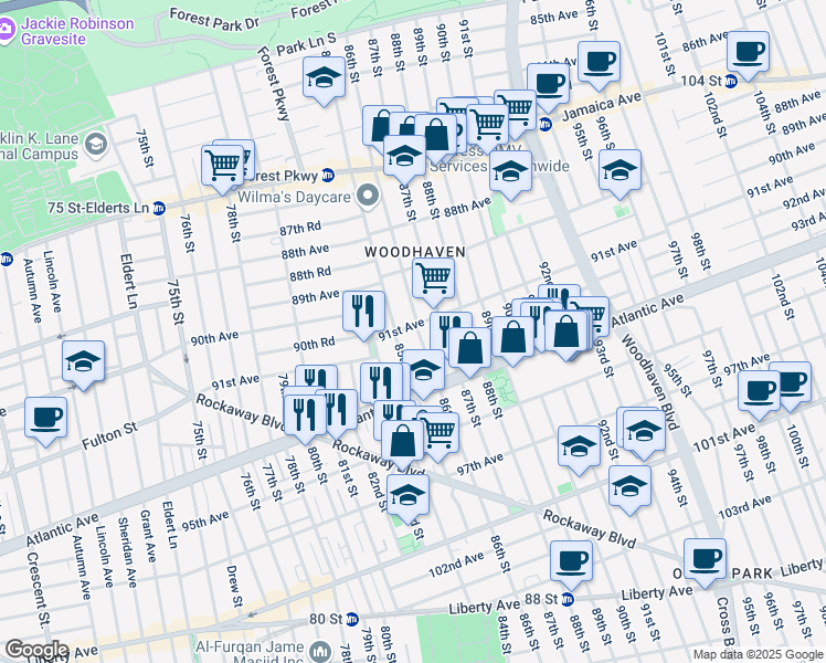 map of restaurants, bars, coffee shops, grocery stores, and more near 91-13 85th Street in Queens