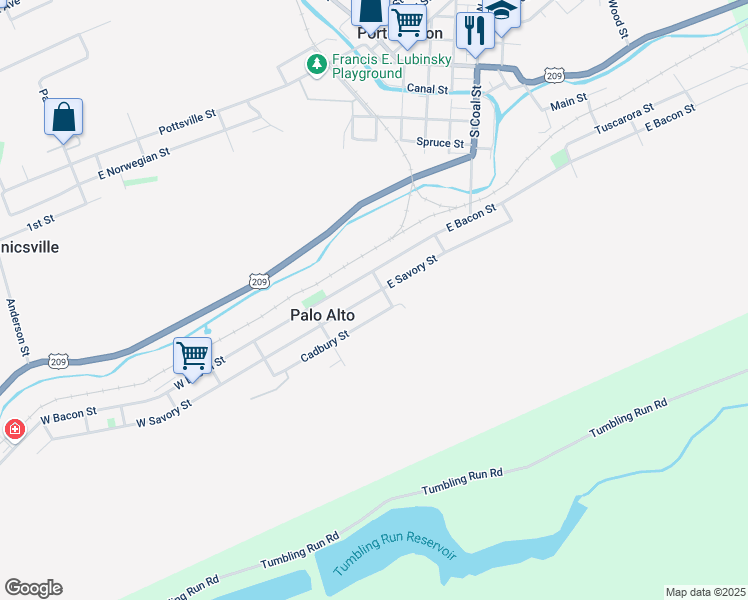 map of restaurants, bars, coffee shops, grocery stores, and more near 166 East Savory Street in Pottsville
