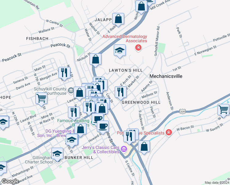 map of restaurants, bars, coffee shops, grocery stores, and more near 112 North George Street in Pottsville