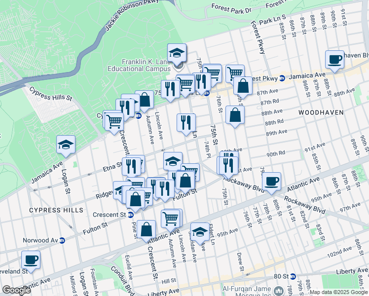 map of restaurants, bars, coffee shops, grocery stores, and more near 133 Nichols Avenue in Brooklyn