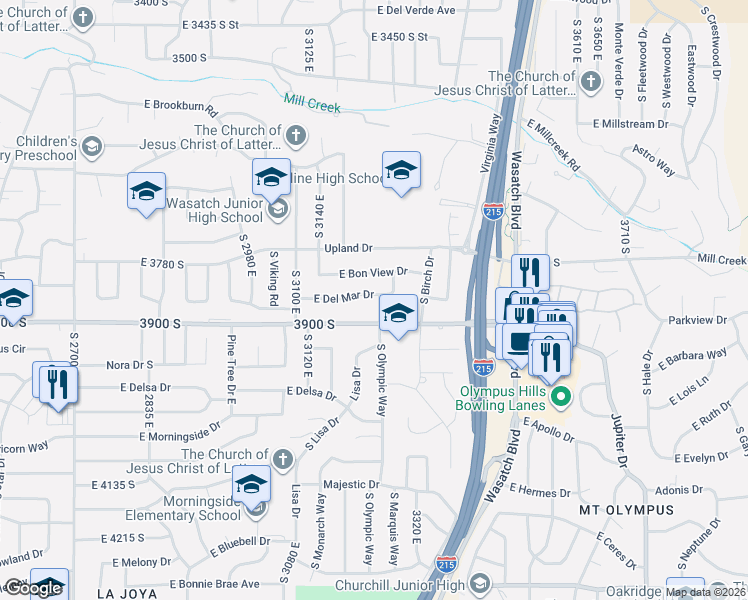 map of restaurants, bars, coffee shops, grocery stores, and more near 3230 East Del Mar Drive in Salt Lake City