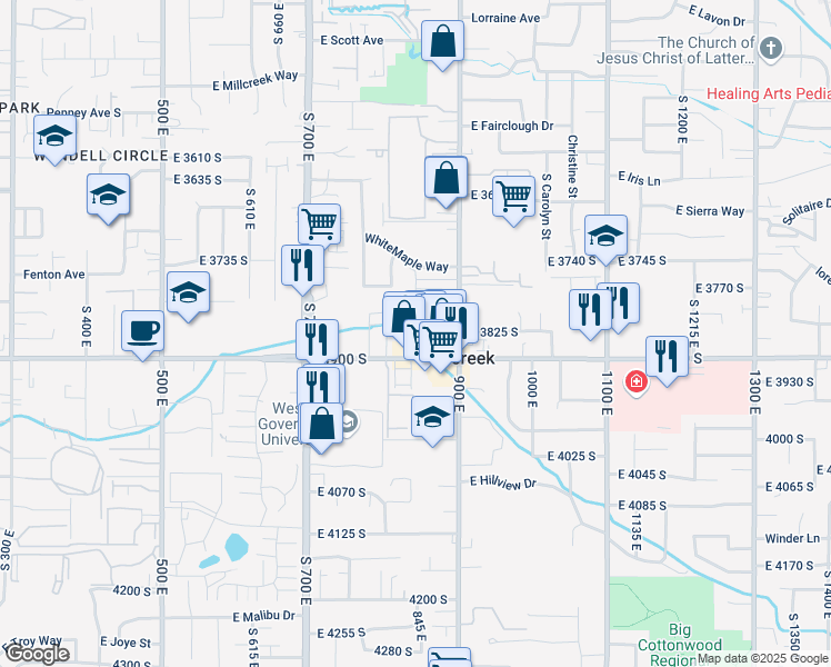 map of restaurants, bars, coffee shops, grocery stores, and more near 881-893 East 3900 South in Millcreek