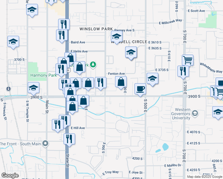 map of restaurants, bars, coffee shops, grocery stores, and more near 339 East 3900 South in Millcreek