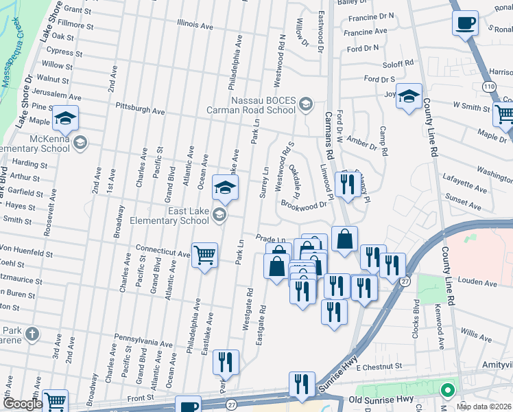 map of restaurants, bars, coffee shops, grocery stores, and more near 7 Surrey Lane in Massapequa Park