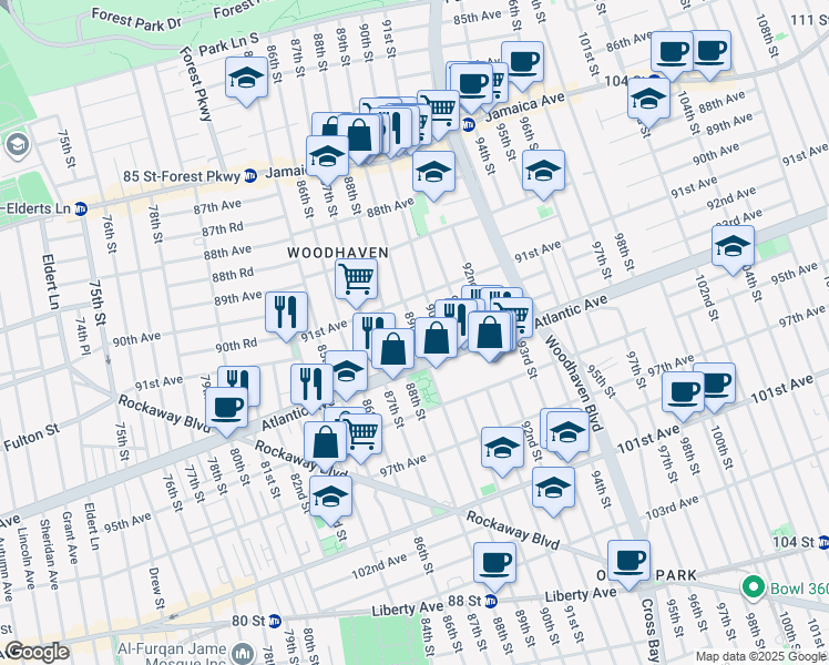 map of restaurants, bars, coffee shops, grocery stores, and more near 91-43 88th Street in Queens
