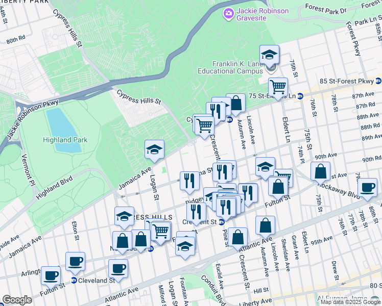 map of restaurants, bars, coffee shops, grocery stores, and more near 49 Euclid Avenue in Brooklyn