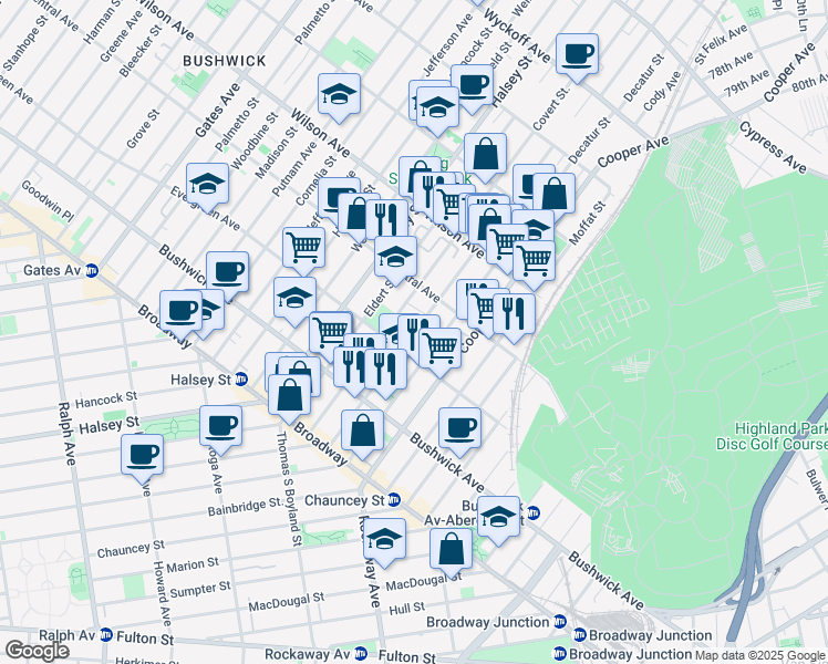 map of restaurants, bars, coffee shops, grocery stores, and more near 116 Schaefer Street in Brooklyn
