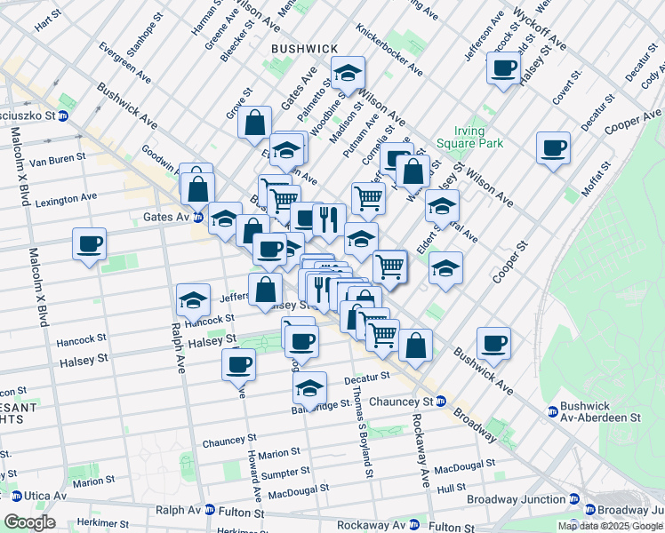 map of restaurants, bars, coffee shops, grocery stores, and more near 1024 Hancock Street in Brooklyn