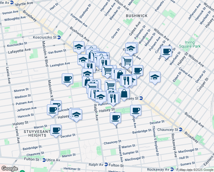 map of restaurants, bars, coffee shops, grocery stores, and more near 989 Putnam Avenue in Brooklyn
