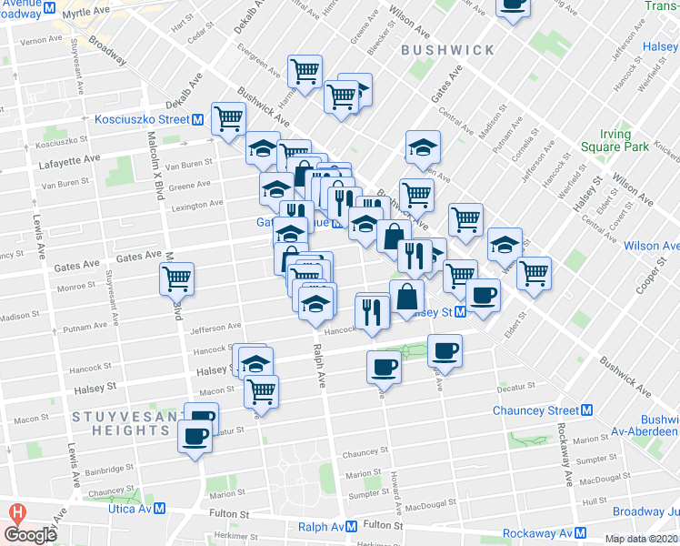 map of restaurants, bars, coffee shops, grocery stores, and more near 989 Putnam Avenue in Brooklyn
