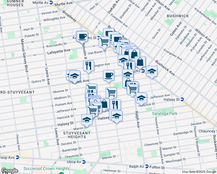 map of restaurants, bars, coffee shops, grocery stores, and more near 729 Madison Street in Brooklyn
