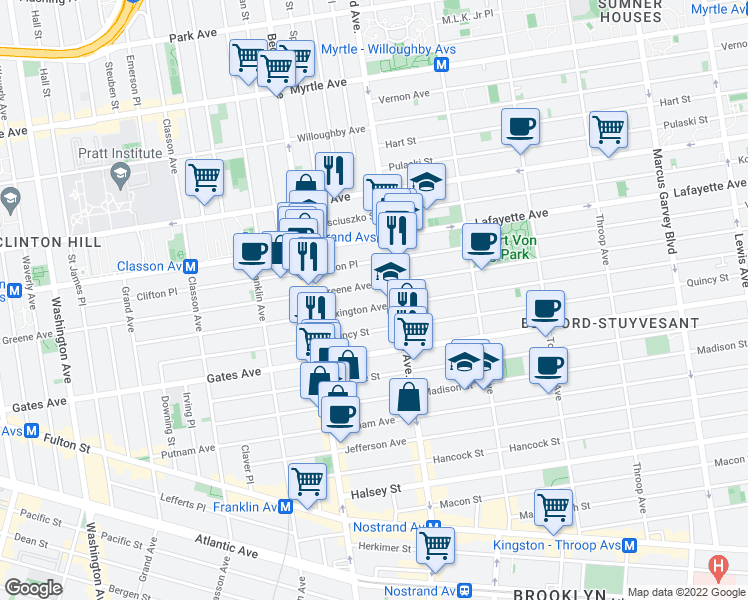 map of restaurants, bars, coffee shops, grocery stores, and more near 260 Lexington Avenue in Brooklyn