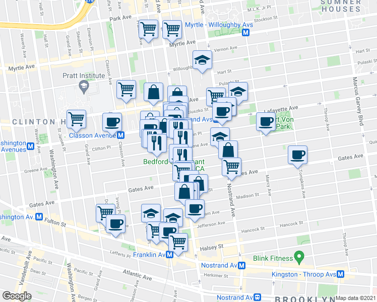 map of restaurants, bars, coffee shops, grocery stores, and more near 1065 Bedford Avenue in Brooklyn