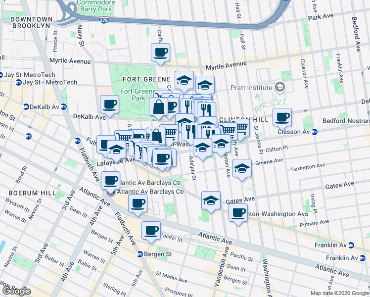 map of restaurants, bars, coffee shops, grocery stores, and more near 154 Lafayette Avenue in Brooklyn