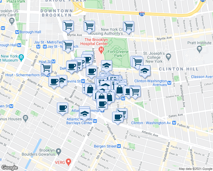 map of restaurants, bars, coffee shops, grocery stores, and more near 711 Fulton Street in Brooklyn