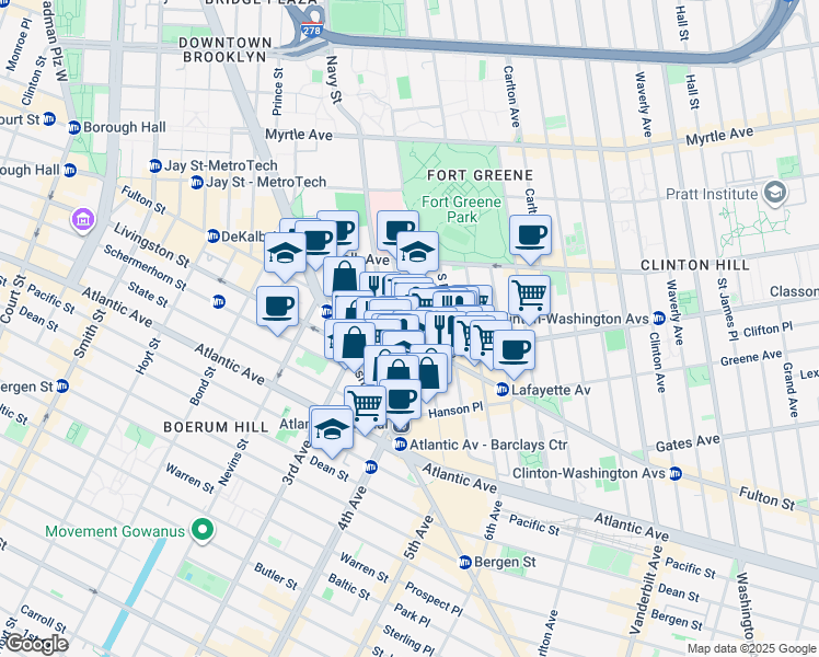 map of restaurants, bars, coffee shops, grocery stores, and more near Fulton Street in Brooklyn