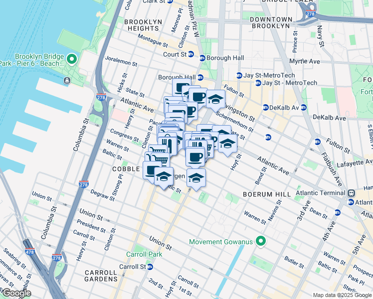 map of restaurants, bars, coffee shops, grocery stores, and more near 134 Boerum Place in Brooklyn
