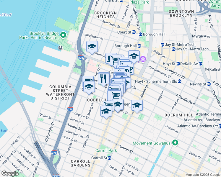 map of restaurants, bars, coffee shops, grocery stores, and more near 205 Warren Street in Brooklyn
