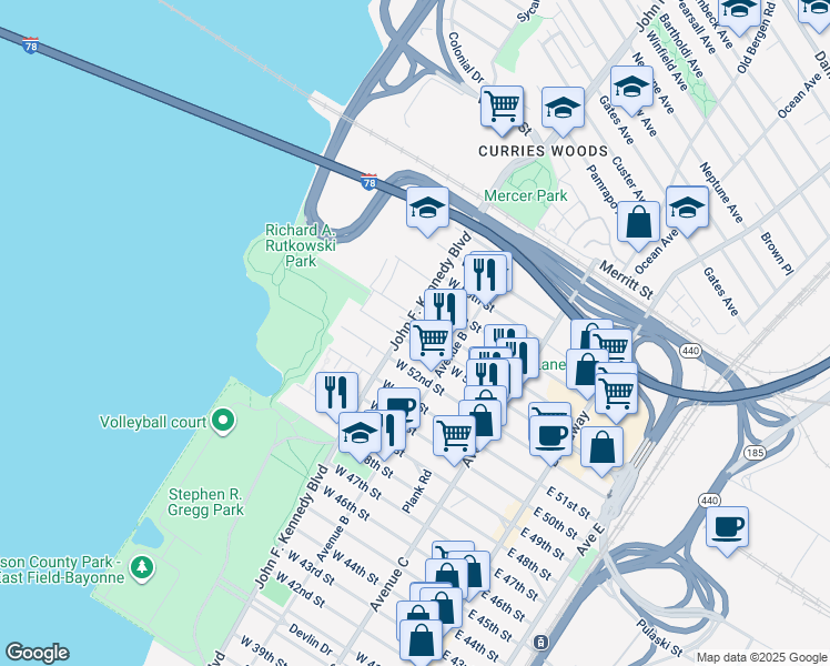 map of restaurants, bars, coffee shops, grocery stores, and more near 127 West 53rd Street in Bayonne