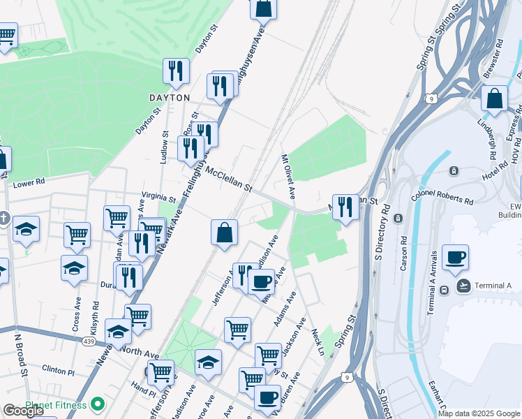 map of restaurants, bars, coffee shops, grocery stores, and more near 43-53 Pershing Avenue in Newark