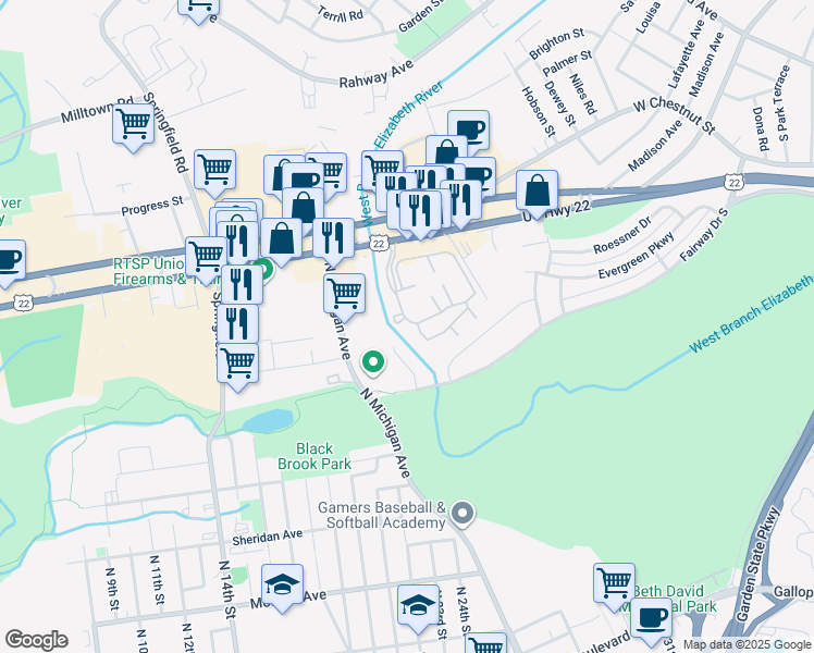 map of restaurants, bars, coffee shops, grocery stores, and more near 949 Linden Lane in Union