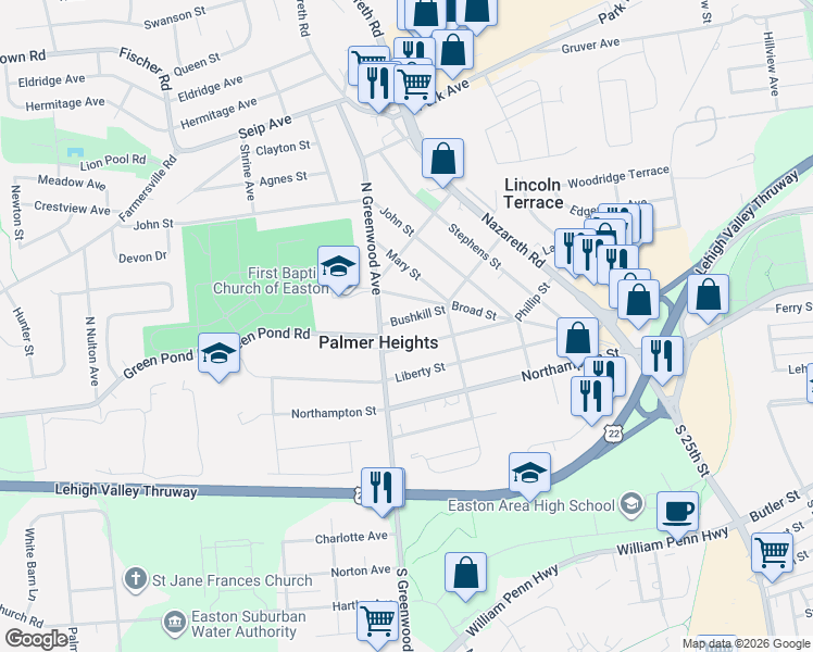 map of restaurants, bars, coffee shops, grocery stores, and more near 2733 Spring Garden Street in Easton