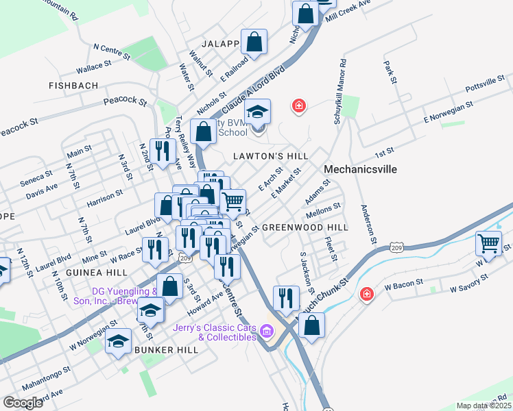 map of restaurants, bars, coffee shops, grocery stores, and more near 104 North George Street in Pottsville