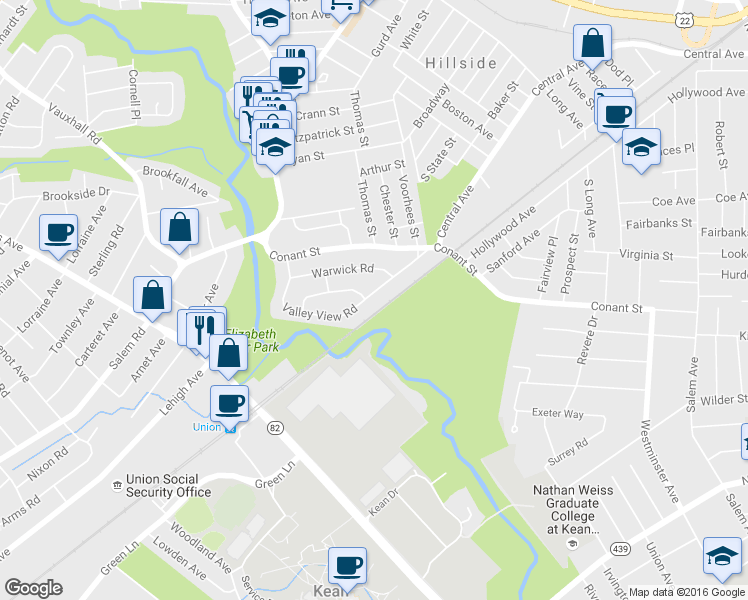 map of restaurants, bars, coffee shops, grocery stores, and more near 71 Valley View Road in Hillside