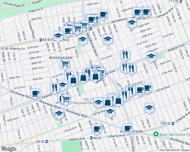 map of restaurants, bars, coffee shops, grocery stores, and more near 9141 Atlantic Avenue in Queens