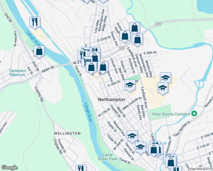 map of restaurants, bars, coffee shops, grocery stores, and more near 1803 Main Street in Northampton