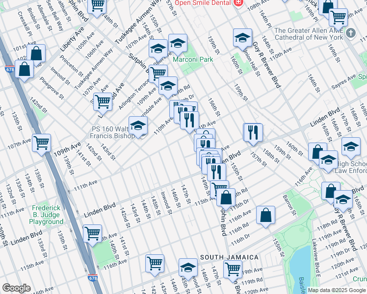 map of restaurants, bars, coffee shops, grocery stores, and more near 111-15 148th Street in Queens