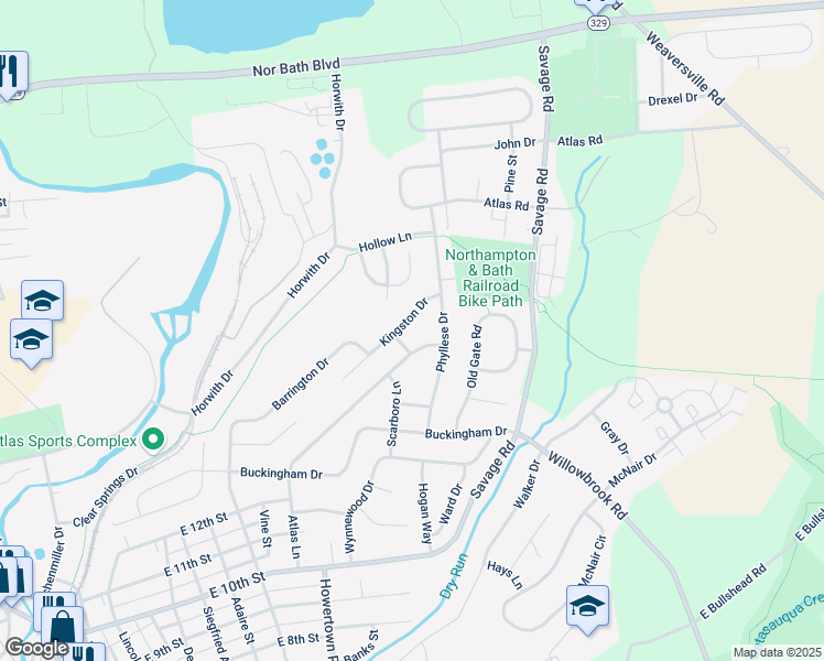 map of restaurants, bars, coffee shops, grocery stores, and more near 1408 Atlas Lane in Northampton