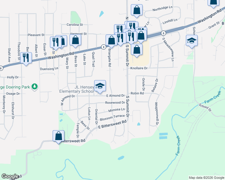 map of restaurants, bars, coffee shops, grocery stores, and more near 256 Briargate Road in Washington