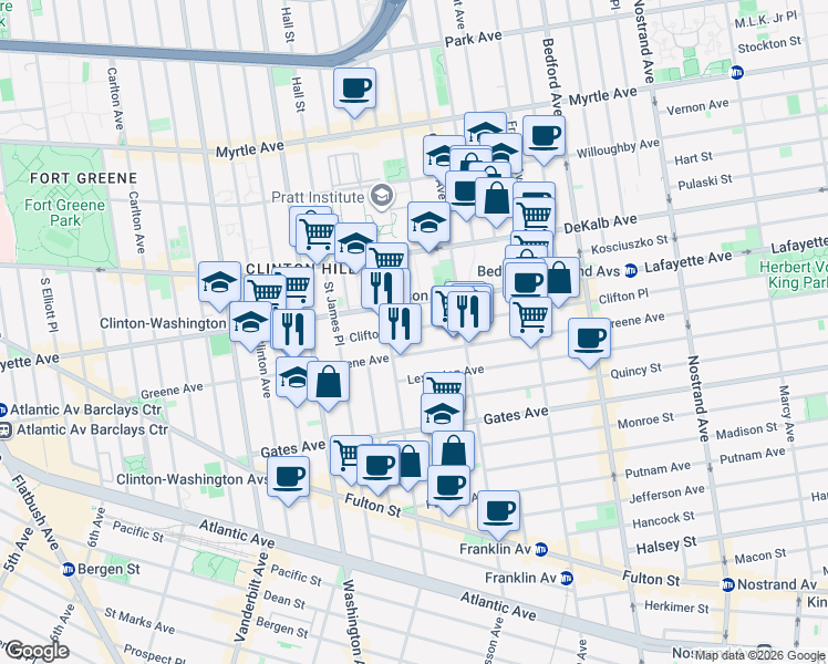 map of restaurants, bars, coffee shops, grocery stores, and more near 70 Clifton Place in Brooklyn